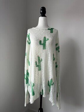 🌵 Show Me Your Mumu Cactus Varsity Sweater White Green Oversized (XL)